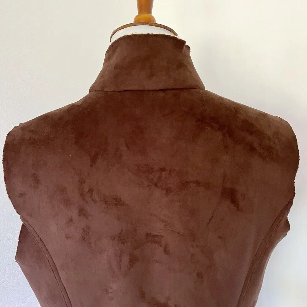 Sherpa Lined Lands End Zip Up Faux Suede Warm Vest Size M/P Medium Petite Brown